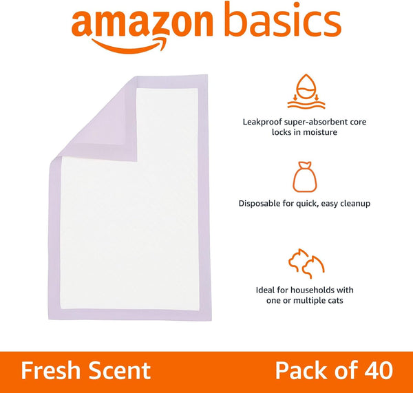 Cat Litter Pee Pads, Odor Control with Fresh Scent, Super Absorbent, Disposable, Universal Fit Litter Box, Purple and White, 40 Count