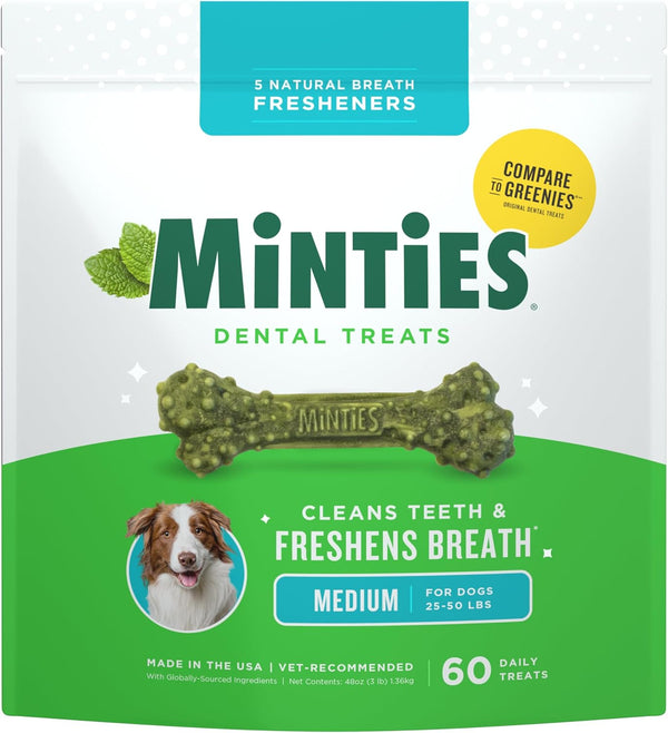 Dental Chews for Dogs, 60 Count, Vet-Recommended Mint-Flavored Dental Dog Treats for Medium Dogs, Bones Clean Teeth, Fight Bad Breath, and Removes Plaque and Tartar
