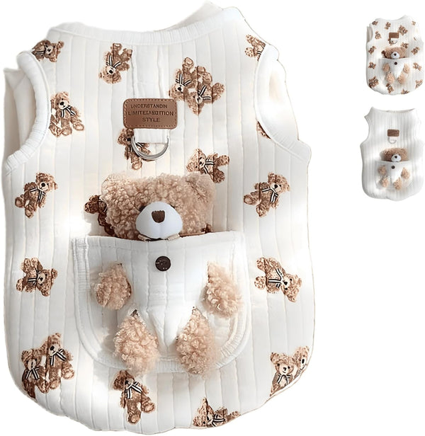 Cute Pet Apparel Plush Bear Pattern Cartoon Dog Clothes All Season Sleeveless Puppy Kitten Pullover Soft Skin-Friendly (White2, S (2.2-4.4Lbs))