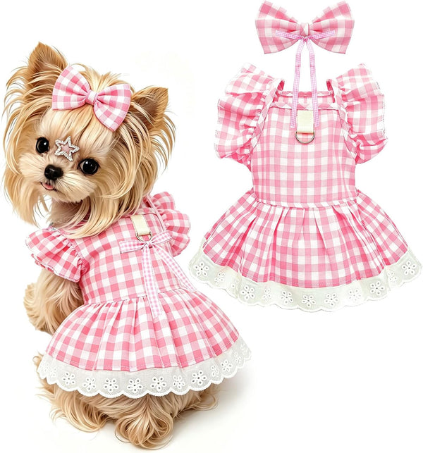 Cute Plaid Small Dog Cat Harness Dress Outfits with Bow & Leash D-Ring,Soft Breathable Summer Ruffle Puppy Clothes Girl,3-Way Styling Female Dog Clothes for Chihuahua (Pink Plaid, X-Small)