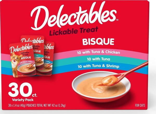 Lickable Treat Bisque Wet Cat Treat Variety Pack, Food Topper, Hydrating, Grain-Free, No Fillers, No By-Products, No Added Preservatives, 1.4Oz Pouch, 30Ct
