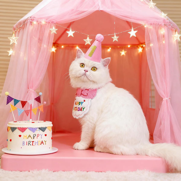 Reusable Cat Birthday Decorations Set - Adjustable Cat Birthday Hat & Bandana with Age Numbers | Kitty Celebration Kit for Memorable Milestones(Pink)