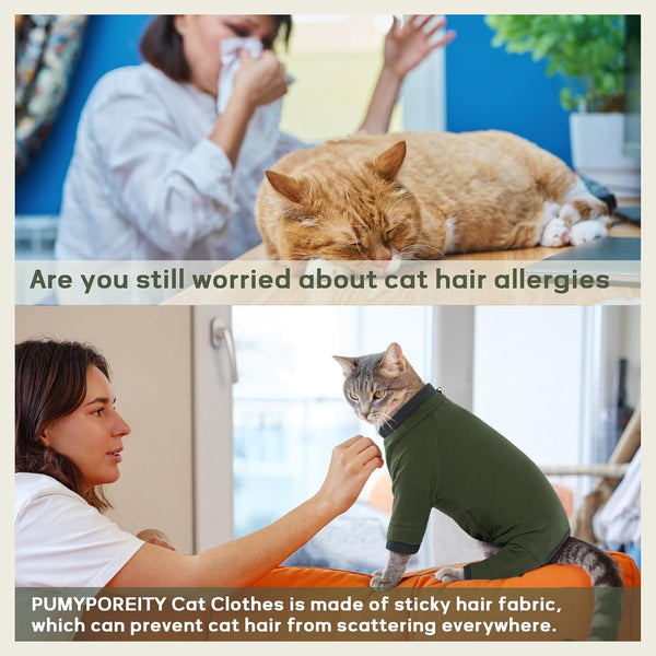 Sticky Hair Cat Clothes, Prevent Hair Loss Cat Pajamas, Soft Cat Sweaters for Cats Only, Cat Hair Sticky Onesie, Cat Recovery Suit after Surgery, Green, L