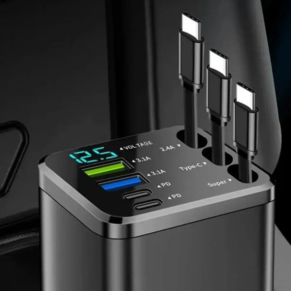 7-In-1 Retractable Car Charger Fast Charging Car Adapter with Digital Display 2 USB Ports 2 Type-C Ports 3 Cables Power Supply F