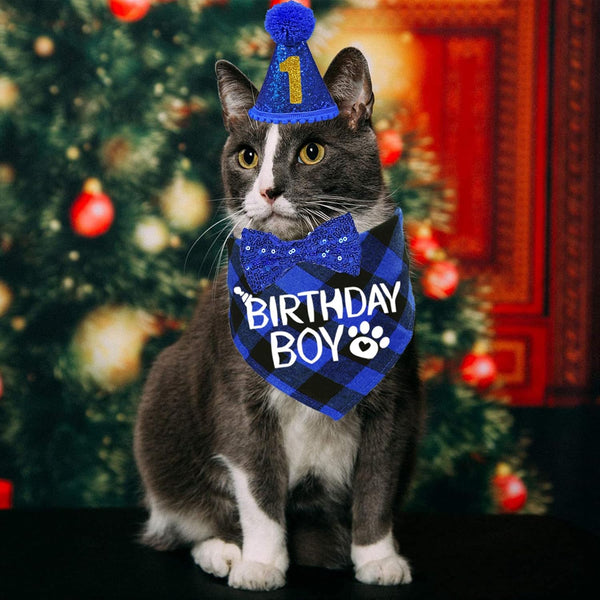 Cat Birthday Decorations, Cat Birthday Hat with Number Bandana Bow Tie Collar for Cats Kittens Apparel Birthday Outfits