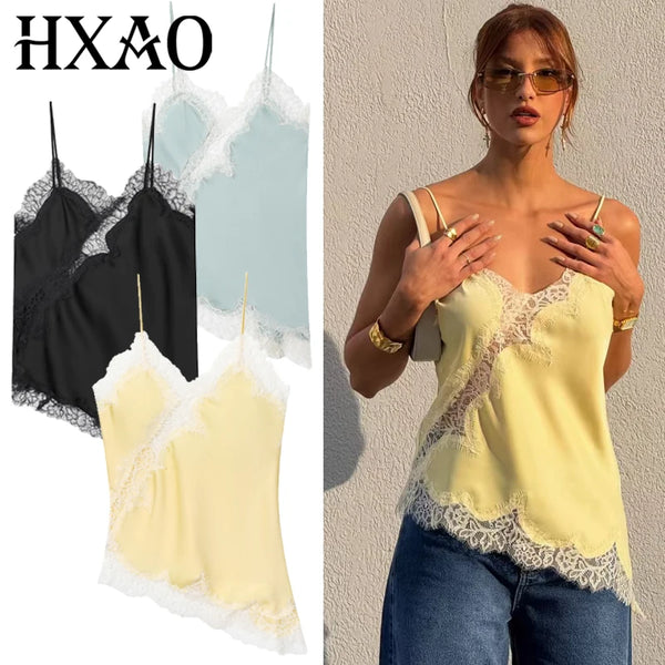 2025 Woman Asymmetrical Slip Top Women Sexy Black Yellow Blue Top Lace Tanks & Camis Chic Y2K Sleeveless Backless Camisole