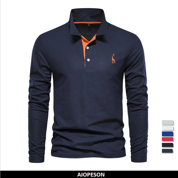 2023 New Men'S Deer Embroidery Polo Shirts Solid Color Long Sleeve Social Business Male