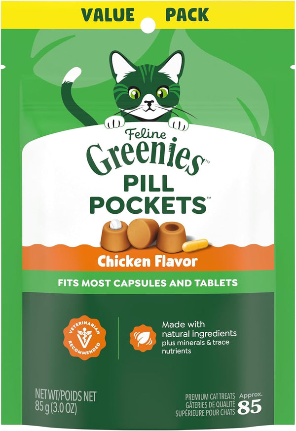 Greenies Feline Pill Pockets Soft Cat Treats, Chicken Flavor, 85 Count