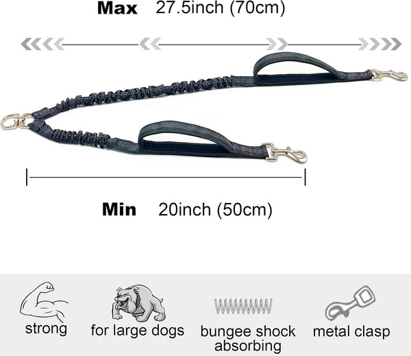 Dual Dog Leash Coupler, Double Control Padded Handles for 2 Dogs, Heavy Duty No Tangle Reflective Splitter Dog Leash Extension, for Medium Large Dogs Walking- Black