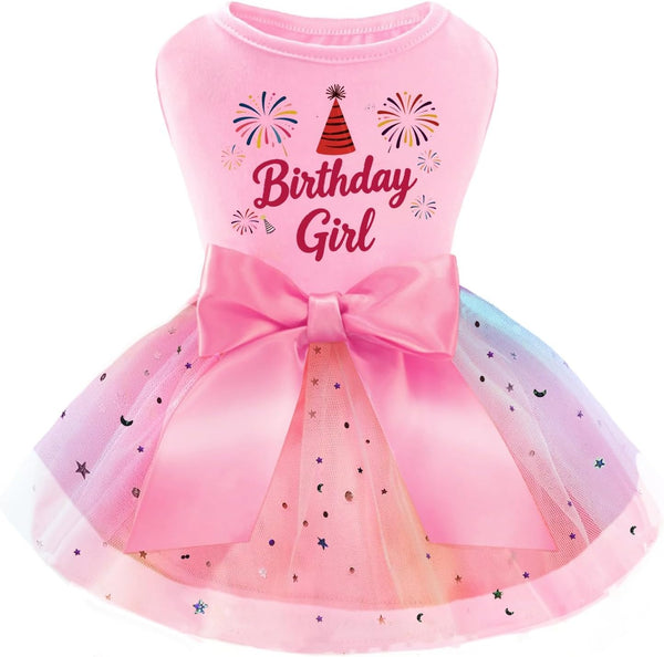 Rainbow Dog Birthday Outfit for Small Dogs Girl Sparkly Dog Birthday Dress Tulle with Big Bowknot Puppy Clothes Pink Fireworks Little Princess Pet Dress (M)