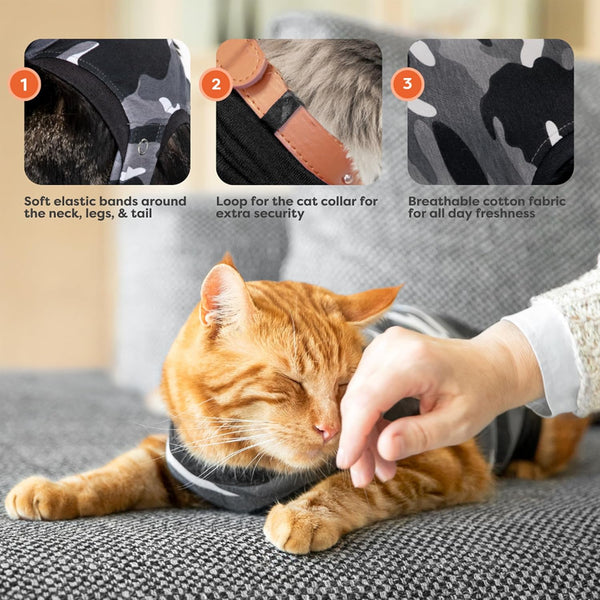 Recovery Suit for Cats | Spay and Neutering Cat Surgery Recovery Suit for Male or Female | Soft Fabric for Skin Conditions | 2XS | Neck to Tail 13.0” - 16.5” | Black Camouflage
