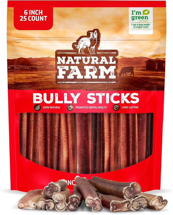 Odor-Free Bully Sticks (6 Inch, 25 Count),1.3 Lb. Bag, Fully Digestible 100% Beef Pizzle Chews,Grass-Fed, Non-Gmo,Grain-Free, Natural Long-Lasting Chews for Small & Large Dogs. Pack of 25