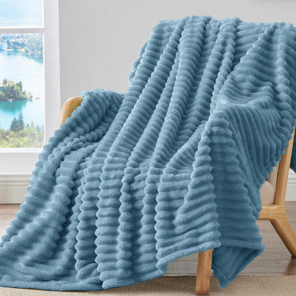 Ribbed Blue Throw Blanket for Couch, 50"X60"