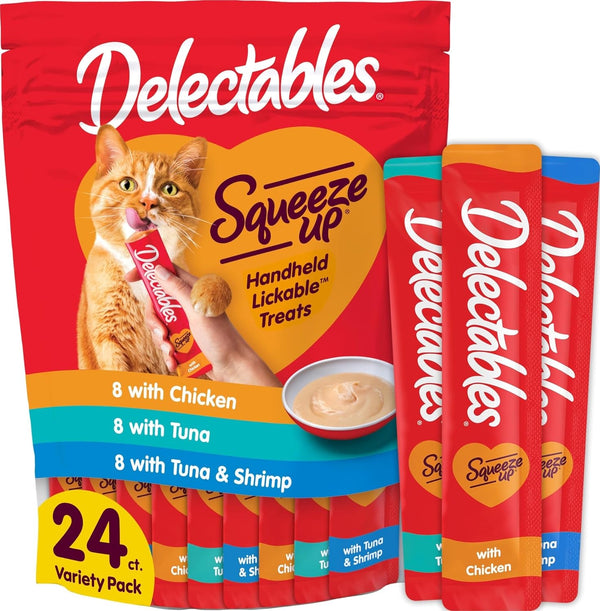 Squeeze up Variety Pack, Creamy Squeezable Puree, Lickable Wet Cat Treats, Grain Free, No Added Fillers, No By-Products, No Added Preservatives, 0.5 Ounces Tube, 24 Tubes Total