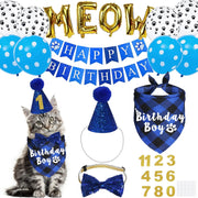 Cat Birthday Party Supplies, Cat Birthday Hat with Number Bandana Bow Tie Banner Balloons Meow Letter Balloons for Cats Kittens Decorations