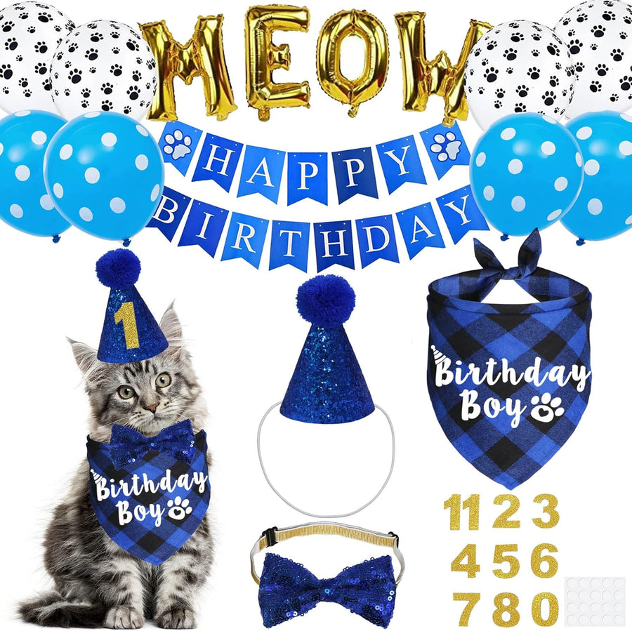 Cat Birthday Party Supplies, Cat Birthday Hat with Number Bandana Bow Tie Banner Balloons Meow Letter Balloons for Cats Kittens Decorations