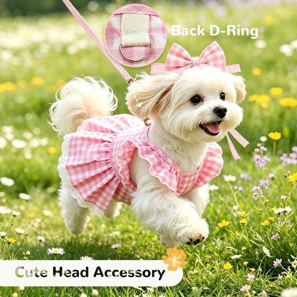 Cute Plaid Small Dog Cat Harness Dress Outfits with Bow & Leash D-Ring,Soft Breathable Summer Ruffle Puppy Clothes Girl,3-Way Styling Female Dog Clothes for Chihuahua (Pink Plaid, X-Small)