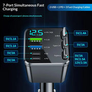 7-In-1 Retractable Car Charger Fast Charging Car Adapter with Digital Display 2 USB Ports 2 Type-C Ports 3 Cables Power Supply F