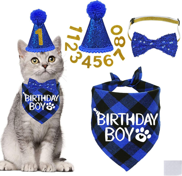 Cat Birthday Decorations, Cat Birthday Hat with Number Bandana Bow Tie Collar for Cats Kittens Apparel Birthday Outfits