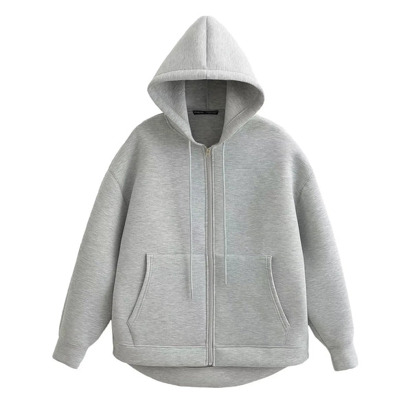 Autumn Women Gray Jacket with Hood Long Sleeve Big Pocket Zipper Jacket Coat Woman Loose Casual Outerwear Coat Tops