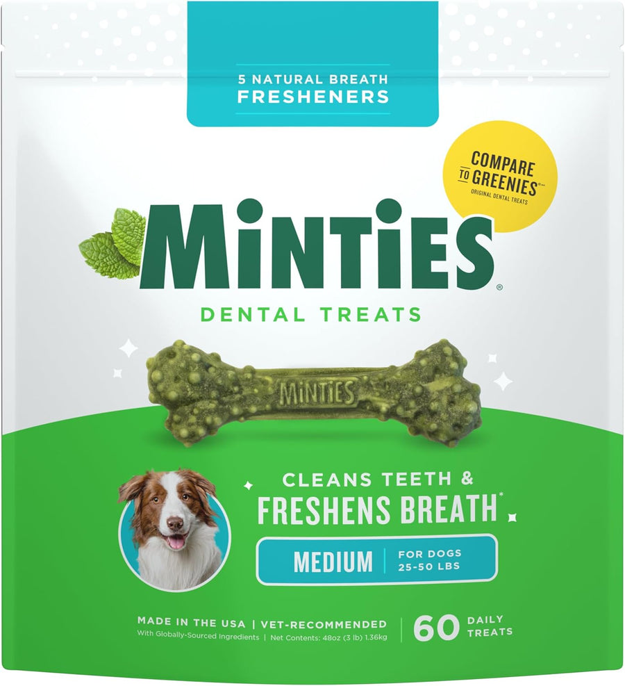 Dental Chews for Dogs, 60 Count, Vet-Recommended Mint-Flavored Dental Dog Treats for Medium Dogs, Bones Clean Teeth, Fight Bad Breath, and Removes Plaque and Tartar