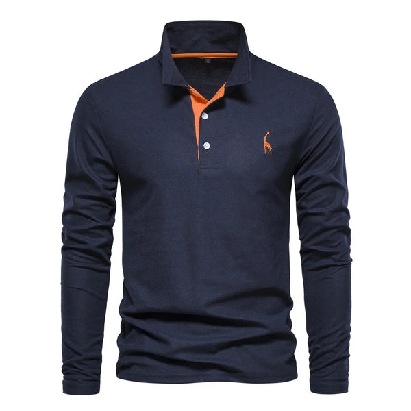 2023 New Men'S Deer Embroidery Polo Shirts Solid Color Long Sleeve Social Business Male