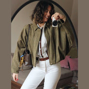 Women'S Bomber Jacket Lapel Long Sleeve Zipper Suede Jacket Women 2025 High Street Cropped Racing Jackets Coats Outerwears
