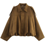 Women'S Bomber Jacket Lapel Long Sleeve Zipper Suede Jacket Women 2025 High Street Cropped Racing Jackets Coats Outerwears