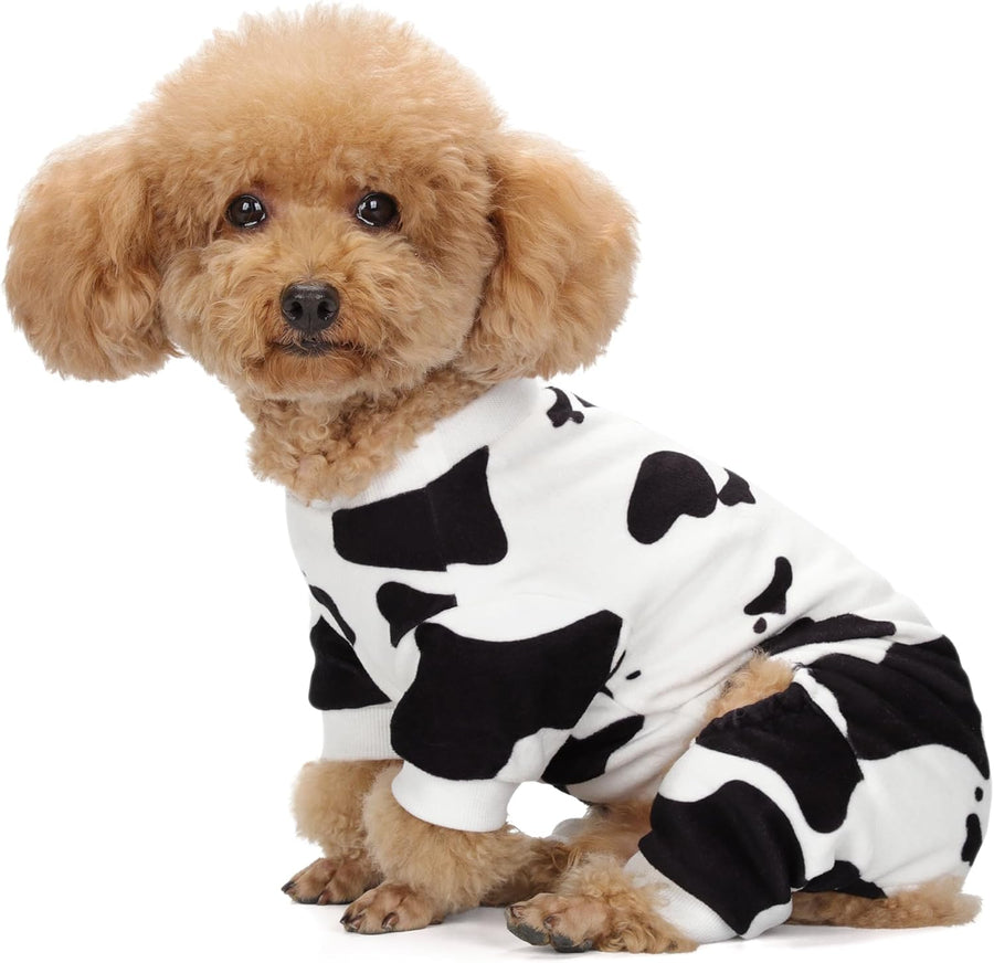 Adorable Cow Print Dog Pajamas – Lightweight, Cozy Four-Legged Outfit for Small to Large Dogs and Cats, Soft and Snuggly Pet Wear for Everyday Comfort and Cuteness.Xs