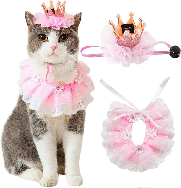 Cat Princess Costumes Cat Crown Hat & Lace Bandana Scarf Set, Puppy Party Hat for Small Dogs & Cats, Lace Outfit for Cats and Small Dogs Birthday Party (Pink)