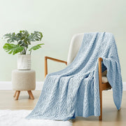 Light Blue Cable Knit Throw Blanket, 50 X 60 Inch, Waved Design