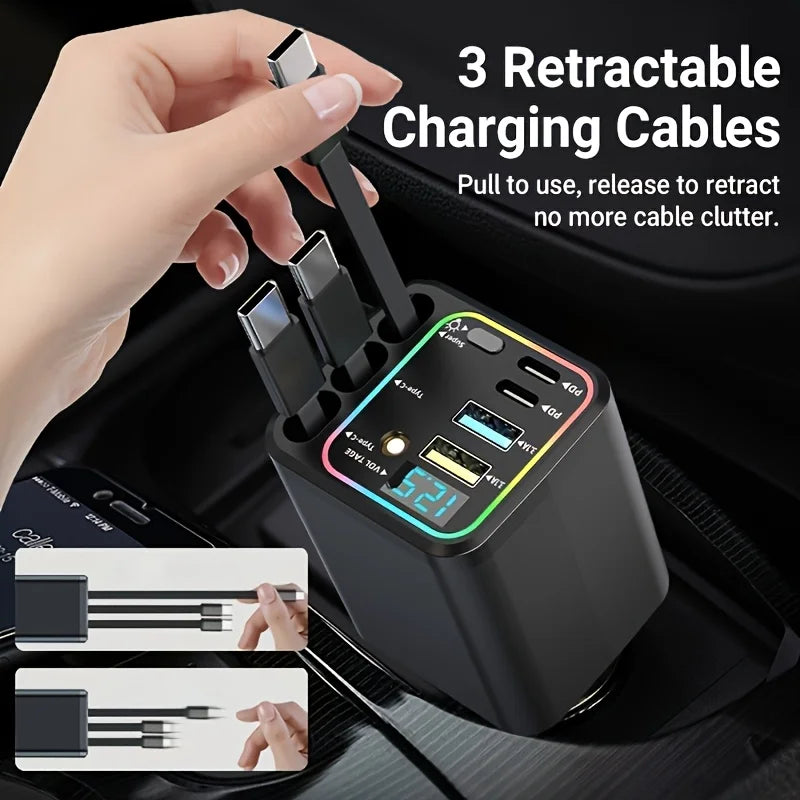 140W 7In1 Fast Car Charger Adapter with Retractable Type-C Cables,Led Display,Ambient Light Multi-Port Usb Charging 180 JJ2234