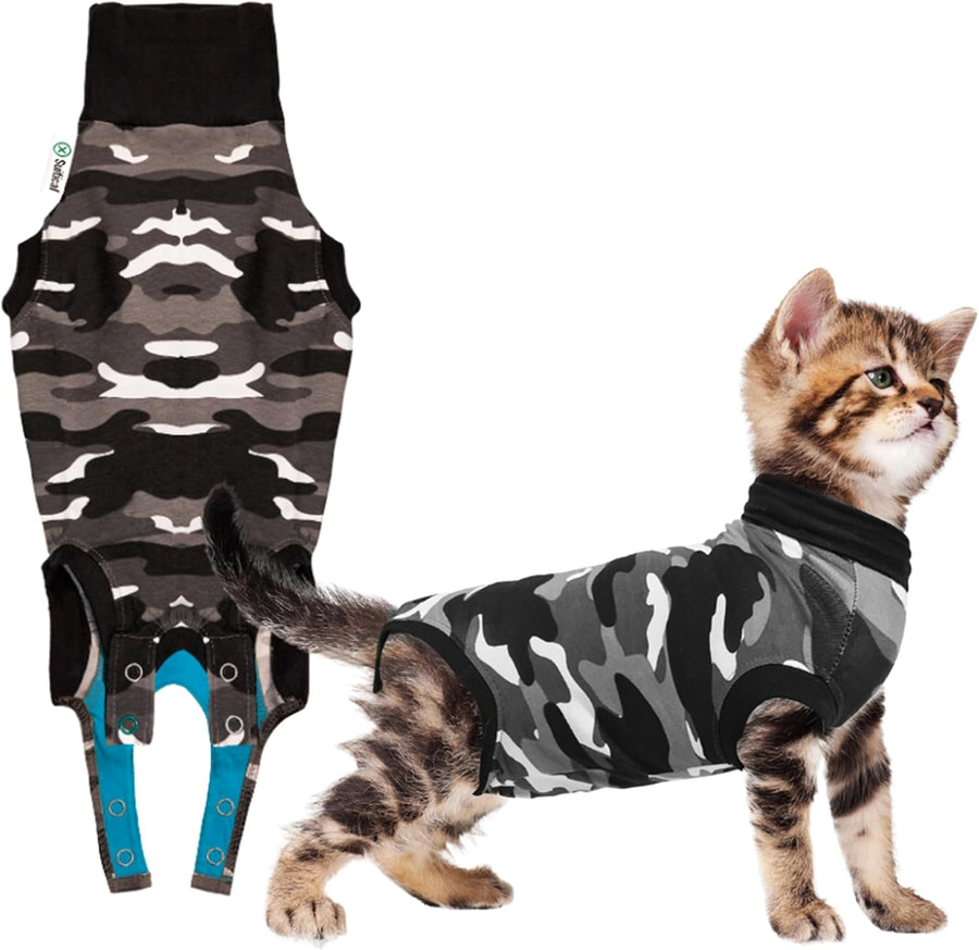 Recovery Suit for Cats | Spay and Neutering Cat Surgery Recovery Suit for Male or Female | Soft Fabric for Skin Conditions | 2XS | Neck to Tail 13.0” - 16.5” | Black Camouflage