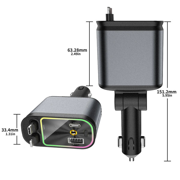 1Pc 66W Car Retractable Fast Charger with Starlight for Iphone for Android Type-C USB Charger Dual USB Ports Car Charger Adapter