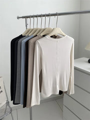 Silk Wool Splice Long Sleeve T-Shirt Women Spring Summer Thin Soft Waxy Fit Solid Color Backing Top