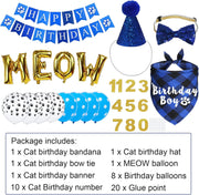 Cat Birthday Party Supplies, Cat Birthday Hat with Number Bandana Bow Tie Banner Balloons Meow Letter Balloons for Cats Kittens Decorations