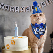 Blue Cat Birthday Hat, Plaid Birthday Boy Bandana Set