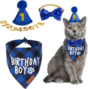 Blue Cat Birthday Hat, Plaid Birthday Boy Bandana Set