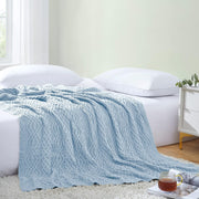 Light Blue Cable Knit Throw Blanket, 50 X 60 Inch, Waved Design