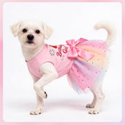 Rainbow Dog Birthday Outfit for Small Dogs Girl Sparkly Dog Birthday Dress Tulle with Big Bowknot Puppy Clothes Pink Fireworks Little Princess Pet Dress (M)
