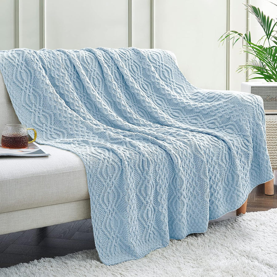 Light Blue Cable Knit Throw Blanket, 50 X 60 Inch, Waved Design