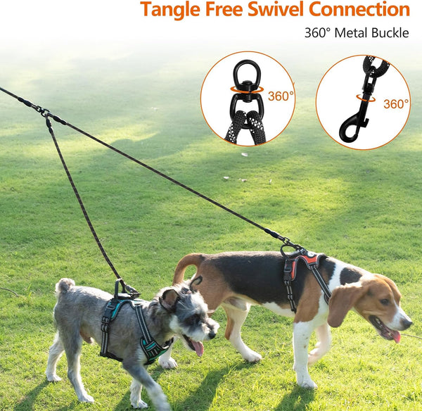 Double Dog Leash Coupler for Two Dogs, 1/3" Lightweight Dual Leash Extension for Small and Medium Dogs, No Tangle 360° Swivel, Reflective Rope, 30 Inch, Black