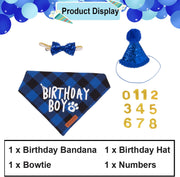 Blue Cat Birthday Hat, Plaid Birthday Boy Bandana Set