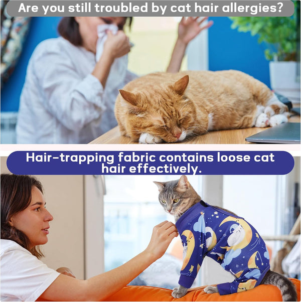 Cat Hair Sticky Shirt – Breathable & Lightweight, Reduces Shedding Fur Pajamas, Prevents Licking Wounds after Surgery, Cat Sweaters - Soft & Machine Washable, Blue, L
