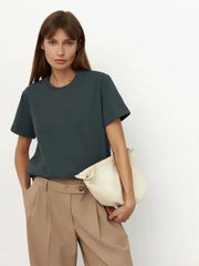 Summer 100% Cotton Women'S T-Shirt Bottoming Basic Fashionable Solid Lady Short Sleeve Loose Tops Shirts 230G/㎡ Tops