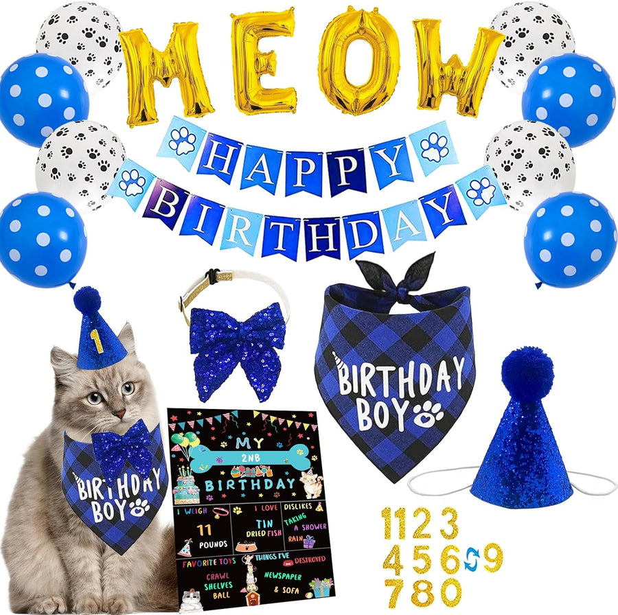 Cat Kitten Birthday Bandanas Cat Birthdays Party Supplies Party Hat Boy with Cat Birthdays Banner Balloons Meow Letter Foil Balloons for Boy Cats Kitten Decorations