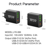 Multi Ports 65W USB Charger Fast Charging Type C Phone Charger Adapter for Iphone Samsung Xiaomi Huawei EU/US Plug Wall Charger