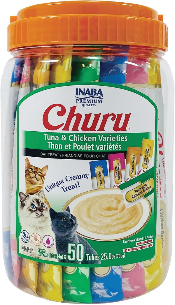Churu Cat Treats, Lickable, Squeezable Creamy Purée Cat Treat with Green Tea Extract & Taurine, 0.5 Ounces Each Tube, 50 Tubes, Tuna & Chicken Variety