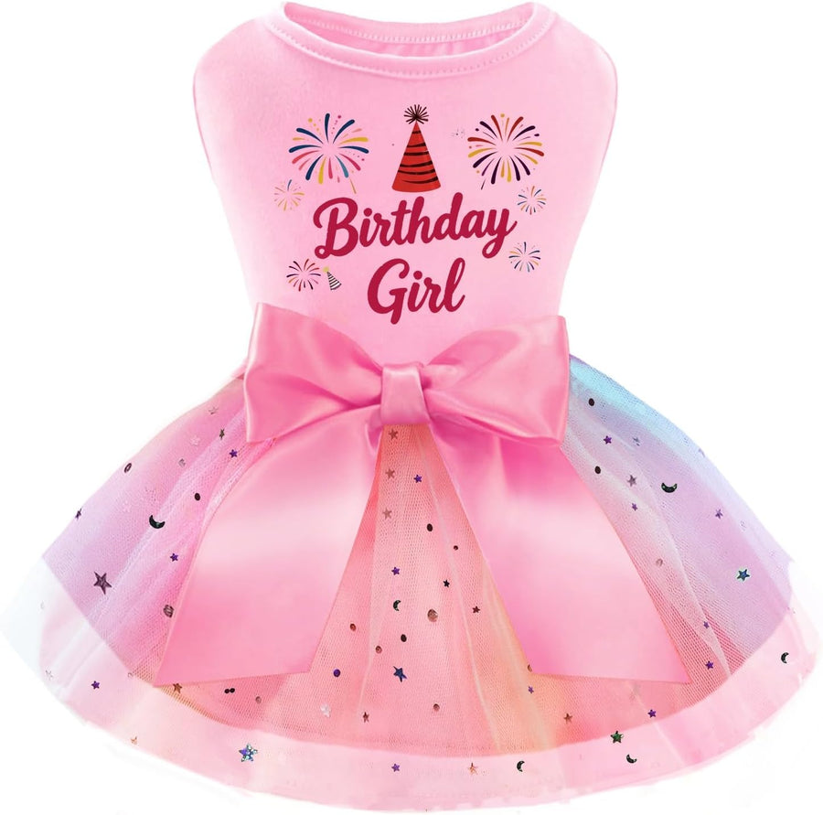 Rainbow Dog Birthday Outfit for Small Dogs Girl Sparkly Dog Birthday Dress Tulle with Big Bowknot Puppy Clothes Pink Fireworks Little Princess Pet Dress (M)