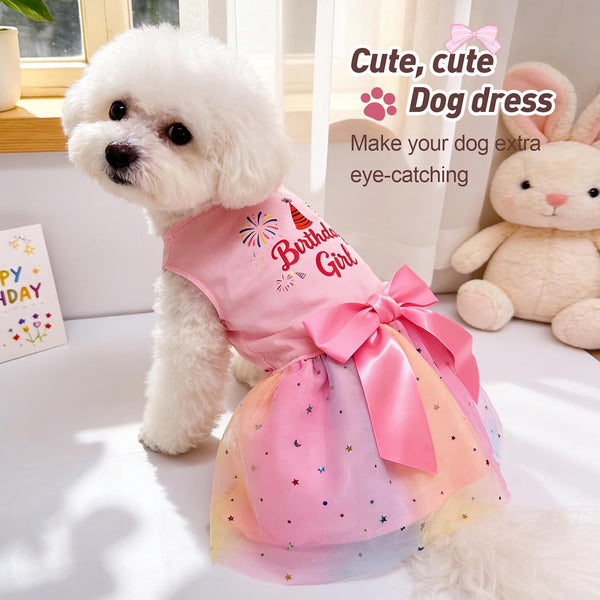 Rainbow Dog Birthday Outfit for Small Dogs Girl Sparkly Dog Birthday Dress Tulle with Big Bowknot Puppy Clothes Pink Fireworks Little Princess Pet Dress (M)
